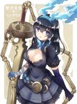  alice_(sinoalice) alice_(sinoalice)_(cosplay) black_hair blue_eyes blue_fire breasts cleavage cleavage_cutout cosplay elbow_gloves fire gloves hairband highres ichimichi_mao idolmaster idolmaster_cinderella_girls large_breasts long_hair looking_at_viewer sagisawa_fumika seiyuu_connection sinoalice solo sword weapon zinczinc_ka 