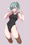  alternate_hairstyle aqua_eyes aqua_hair ass_visible_through_thighs black_swimsuit brown_legwear commentary company_connection competition_swimsuit cowboy_shot grey_background hair_ornament hairclip highleg highleg_swimsuit kantai_collection long_hair looking_at_viewer one-piece_swimsuit ponytail simple_background smile solo suzuya_(kantai_collection) swimsuit swimsuit_pull thighhighs ulrich_(tagaragakuin) 