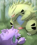  big_penis claws duo erection feral feral_on_feral grass hi_res male male/male muscular nidoking nintendo open_mouth penis pok&eacute;mon saliva tapering_penis tongue tongue_out tyranitar video_games wanisuke 