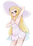  1girl arm_up armpits artist_request blonde_hair blue_eyes blush braid breasts breasts_outside dress embarrassed erect_nipples hat lillie_(pokemon) long_hair looking_at_viewer medium_breasts no_bra no_panties pokemon pokemon_sm shiny_skin sideboob simple_background sleeveless sleeveless_dress solo standing sun_hat twin_braids white_background white_dress white_hat 