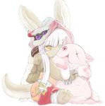  animal_ears blush_stickers ears_through_headwear furry hug long_hair made_in_abyss mitty_(made_in_abyss) nanachi_(made_in_abyss) one_eye_closed paws pumichi white_background white_hair yellow_eyes 