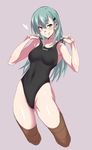  aqua_eyes aqua_hair ass_visible_through_thighs black_swimsuit brown_legwear commentary_request company_connection competition_swimsuit cowboy_shot grey_background hair_ornament hairclip highleg highleg_swimsuit kantai_collection long_hair looking_at_viewer one-piece_swimsuit ponytail simple_background smile solo suzuya_(kantai_collection) swimsuit swimsuit_pull thighhighs ulrich_(tagaragakuin) 