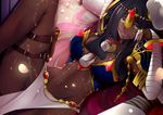  bad_id bad_pixiv_id bandages between_breasts black_hair bracelet breasts dark_skin facial_mark fate/grand_order fate_(series) green_eyes hair_in_mouth highres jewelry lips long_hair looking_at_viewer lying multicolored_hair on_back paperfinger petals pouch scheherazade_(fate/grand_order) solo suggestive_fluid thigh_strap two-tone_hair 