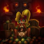  anthro bandicoot bleats blonde_hair breasts clothed clothing coco_bandicoot crash_bandicoot_(series) eyelashes female flower food fruit green_eyes hair long_hair mammal marsupial open_mouth paws plant ponytail presenting pussy solo video_games 