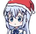  :&lt; blue_eyes blue_hair blush chibi deyui eyebrows_visible_through_hair gochuumon_wa_usagi_desu_ka? hair_ornament hat kafuu_chino long_hair looking_at_viewer red_hat santa_hat solo upper_body x_hair_ornament 