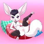  2017 anthro anus areola better_version_at_source black_hair black_sclera blush breasts butt canine clothing collar fangs fennec fox fur hair legwear lonbluewolf looking_at_viewer mammal multi_nipple nipples nude open_mouth presenting purple_eyes pussy raised_leg solo teeth tongue white_fur 