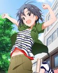  antenna_hair artist_request black_eyes black_hair blue_sky building day idolmaster idolmaster_(classic) idolmaster_million_live! idolmaster_million_live!_theater_days jumping kikuchi_makoto looking_at_viewer midriff navel official_art outdoors shirt shoes short_hair short_sleeves sky smile sneakers solo striped striped_shirt tomboy tree 