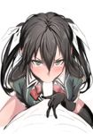  1girl black_hair blush bow bowtie commentary_request elbow_gloves fellatio glaring gloves green_eyes hair_between_eyes hair_ribbon hetero kantai_collection long_hair looking_at_viewer oral penis pov_crotch red_bow red_neckwear remodel_(kantai_collection) ribbon single_elbow_glove single_thighhigh solo_focus tearing_up tears thighhighs tone_(kantai_collection) twintails ulrich_(tagaragakuin) white_ribbon 
