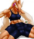 2016 abs anthro anthrofied b_cottontail biceps blush breasts clothed clothing eyes_closed female invalid_tag lopunny midriff muscular muscular_female navel nintendo pok&eacute;mon pok&eacute;morph shirt shorts solo speech_bubble sweat tank_top video_games 