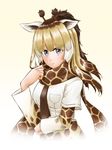  animal_ears blonde_hair brown_hair brown_neckwear eyebrows_visible_through_hair giraffe_ears giraffe_horns highres kemono_friends looking_at_viewer losmal_indicus necktie purple_eyes reticulated_giraffe_(kemono_friends) scarf short_hair short_ponytail solo upper_body white_hair 