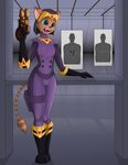  2016 anthro boots breasts brown_hair cazar clothed clothing cute_fangs female footwear gun hair open_mouth ranged_weapon ratchet_and_clank remarkably_average sasha_phyronix solo video_games weapon 