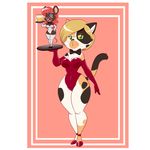  2017 anthro armwear beverage blonde_hair blue_eyes bow_tie breasts buckteeth calico_cat cat cleavage clothed clothing duo elbow_gloves eyebrows eyelashes eyeshadow feline female gloves green_eyes hair half-closed_eyes hand_on_hip larger_female legwear lonbluewolf looking_at_viewer makeup mammal mouse one_eye_closed open_mouth red_hair rodent size_difference smaller_female standing teeth thick_thighs thigh_highs waiter whiskers wide_hips yellow_sclera 
