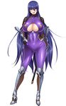  1girl akiyama_rinko aoi_nagisa_(metalder) armor blue_hair blush bodysuit breasts cleavage cleavage_cutout covered_navel fishnets full_body hand_on_hip huge_breasts long_hair looking_at_viewer ninja peliazulyp purple_bodysuit purple_eyes sheath smile solo standing taimanin_(series) taimanin_yukikaze thighhighs transparent_background underboob very_long_hair 