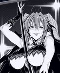  asmodeus_(the_seven_deadly_sins) bare_shoulders breasts bridal_gauntlets cape crop_top crop_top_overhang demon_girl demon_horns greyscale hair_between_eyes horns large_breasts looking_at_viewer monochrome shaded_face smile solo the_seven_deadly_sins tongue tongue_out ulrich_(tagaragakuin) underboob upper_body 