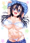  :d armpit_peek arms_up ass_visible_through_thighs bandeau bikini black_hair blue_eyes breasts cleavage contrapposto cowboy_shot hair_between_eyes highres hisasi huge_breasts long_hair looking_at_viewer navel netoge_no_yome_wa_onna_no_ko_janai_to_omotta? open_mouth plaid plaid_skirt pleated_skirt scan skirt skirt_lift skirt_pull smile solo standing sweat swimsuit tamaki_ako toned underboob undressing white_bikini 