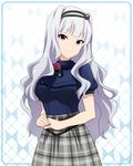  artist_request bangs belt breasts checkered checkered_skirt grey_skirt hairband idolmaster idolmaster_(classic) idolmaster_million_live! idolmaster_million_live!_theater_days long_hair looking_at_viewer medium_breasts official_art puffy_short_sleeves puffy_sleeves purple_eyes ribbon shijou_takane short_sleeves silver_hair skirt smile solo wavy_hair 