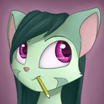  2015 anthro cat dreamkeepers feline female fur green_fur green_hair hair lilith_calah mammal object_in_mouth pencil_(object) purple_eyes remarkably_average solo 