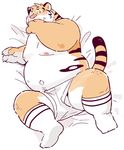  anthro belly big_belly blush clothed clothing embarrassed feline garouzuki legwear male mammal overweight partially_clothed slightly_chubby socks tiger 