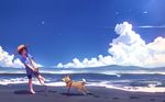  animal barefoot beach bird black_hair blush collar day dog dog_collar facing_away holding_leash open_mouth original seagull short_hair smile tabata_mihira 