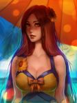  absurdres alternate_costume artist_name bare_shoulders blush bow breasts brown_eyes brown_hair cleavage daria_leonova day flower hair_flower hair_ornament highres large_breasts league_of_legends leona_(league_of_legends) lips long_hair looking_at_viewer md5_mismatch parted_lips pool_party_leona resized solo sunflower sunflower_hair_ornament umbrella upscaled 