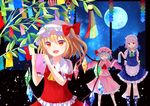  apron arm_behind_back bamboo bat_wings blonde_hair blue_hair brooch closed_eyes cravat flandre_scarlet full_moon hat hat_ribbon izayoi_sakuya jewelry leg_ribbon looking_at_another maid_headdress mob_cap moon multiple_girls night open_hand open_mouth outdoors puffy_short_sleeves puffy_sleeves red_eyes remilia_scarlet ribbon sakipsakip short_hair short_sleeves side_ponytail silver_hair skirt skirt_set sky standing star_(sky) starry_sky tanabata tanzaku touhou waist_apron wings 