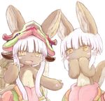  1other animal_ears blush_stickers dual_persona ears_through_headwear furry made_in_abyss nanachi_(made_in_abyss) paws pumichi smile tail whiskers white_background white_hair yellow_eyes 