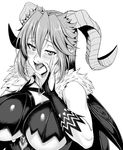  :d asmodeus_(the_seven_deadly_sins) blush breasts bridal_gauntlets commentary_request demon_girl demon_horns fellatio_gesture fur_trim greyscale hair_between_eyes horns large_breasts long_hair looking_at_viewer monochrome open_mouth pointy_ears sidelocks smile solo the_seven_deadly_sins tongue tongue_out ulrich_(tagaragakuin) underboob upper_body 