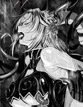  antenna_hair armpits asmodeus_(the_seven_deadly_sins) bare_shoulders blush breasts closed_eyes commentary_request demon_girl demon_horns elbow_gloves gloves greyscale groping horns large_breasts long_hair lowres monochrome open_mouth solo sweat tentacles the_seven_deadly_sins tongue tongue_out ulrich_(tagaragakuin) underboob upper_body 