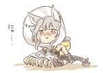  animal_ears bandages cat_ears claw_(weapon) claws commentary_request elizabethan_collar erune granblue_fantasy grey_hair hood hoshikuzushi red_eyes sen_(granblue_fantasy) short_hair sitting skirt tearing_up weapon white_background 