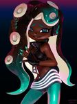  aqua_eyes bare_shoulders cephalopod_eyes cowboy_shot crop_top dark_skin fingerless_gloves gloves hand_in_hair headphones highres iida_(splatoon) lipstick long_hair looking_at_viewer makeup mascara midriff mole mole_under_mouth nail_polish navel navel_piercing octarian pantyhose piercing pink_pupils shorts sleeveless smile solo splatoon_(series) splatoon_2 suction_cups symbol-shaped_pupils tentacle_hair zipper zipper_pull_tab 