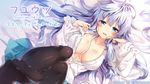  bangs black_legwear blue_eyes blue_hair blush breasts collarbone copyright_name eyebrows_visible_through_hair frilled_sleeves frills fuyu_uso_-snow_world_end- hair_between_breasts large_breasts long_hair long_sleeves looking_at_viewer lying on_back open_mouth pantyhose riichu silver_hair solo unbuttoned watermark 