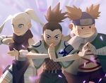  2boys absurdres akimichi_chouji alex_cho bandaged_arm bandages black_hair blonde_hair brown_hair earrings fighting_stance fishnets forehead_protector highres huge_filesize jewelry looking_at_viewer multiple_boys nara_shikamaru naruto naruto_(series) scarf topknot vest yamanaka_ino 