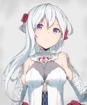  asymmetrical_hair bangs blue_eyes breasts closed_mouth dress elbow_gloves flower gloves grey_hair hair_between_eyes hair_flower hair_ornament halterneck highres long_hair looking_at_viewer medium_breasts pnt_(ddnu4555) red_flower silver_hair sinoalice snow_white_(sinoalice) solo upper_body white_dress 