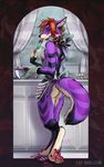  2017 4_toes anthro apron black_fur black_nose breasts butt canine clothing digital_media_(artwork) ear_piercing female fluffy food foot_fetish fox fur hair industrial_piercing kitchen licking looking_at_viewer mammal multicolored_fur naked_apron nude pawpads paws piercing purple_fur red_hair smile solo standing toes tongue tongue_out white_fur zhivagod 