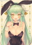  animal_ears black_bow black_leotard black_neckwear bow bowtie breasts bunny_ears bunny_tail bunnysuit cleavage detached_collar fate/grand_order fate_(series) green_hair horns kiyohime_(fate/grand_order) large_breasts leotard long_hair looking_at_viewer open_mouth pantyhose solo strapless strapless_leotard suzuho_hotaru tail twitter_username upper_body wrist_cuffs yellow_eyes 
