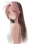  bare_shoulders black_hair eyebrows_visible_through_hair fullmetal_alchemist long_hair looking_at_viewer looking_back multicolored_hair pink_hair purple_eyes riru rose_tomas shirt simple_background solo two-tone_hair white_background white_shirt 