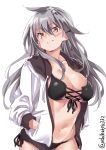  1girl alternate_costume bikini black_bikini blush breasts closed_mouth commentary_request cross-laced_bikini_top ebifurya eyebrows_visible_through_hair facial_scar gangut_(kantai_collection) grey_hair hair_between_eyes hair_ornament hairclip hands_in_pockets highres hood hoodie kantai_collection large_breasts long_hair looking_at_viewer navel open_clothes open_hoodie scar scar_on_cheek simple_background smile solo swimsuit twitter_username white_background yellow_eyes 