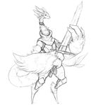  2016 ambiguous_gender anthro armor avian clothed clothing greyscale guoh holding_object holding_weapon long_neck melee_weapon monochrome nedynvor solo standing sword weapon 