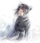  black black_eyes black_hair eyebrows_visible_through_hair fullmetal_alchemist grey hair_bun lan_fan long_sleeves looking_away riru scarf serious simple_background solo tied_hair white_background wind 