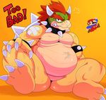  2015 anthro bandage bowser bruised butt claws clothing english_text hair hi_res horn human koopa male mammal mario mario_bros nintendo nude overalls overweight red_eyes red_hair reptile scalie sharp_claws sharp_teeth shell simple_background spread_legs spreading sssonic2 sweat teeth text video_games yellow_background 