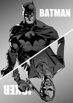  absurdres batman batman_(series) cape character_name dc_comics formal glasgow_smile gloves greyscale grin highres makeup mask monochrome multiple_boys necktie oosawara_sadao smile suit superhero the_joker weapon 