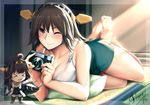 &gt;_&lt; :d ;) alternate_costume bangs bare_arms bare_shoulders barefoot black_hair blue_eyes blush breasts camera chibi cleavage closed_eyes closed_mouth collarbone commentary foreshortening headgear hiei_(kantai_collection) indoors kantai_collection kongou_(kantai_collection) large_breasts looking_at_viewer lying nendoroid nontraditional_miko on_stomach one_eye_closed open_mouth short_hair shorts smile solo sunlight tank_top the_pose tony_guisado turret xd 