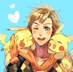  blonde_hair blue_eyes gen_1_pokemon happy heart highres kash-phia male_focus open_mouth pikachu pokemon pokemon_(creature) pokemon_go smile spark_(pokemon) 