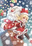  1girl :d absurdres blonde_hair blush box brown_legwear candy candy_cane chimney commentary_request dress food fur-trimmed_boots fur-trimmed_dress fur-trimmed_hat fur-trimmed_jacket fur-trimmed_legwear fur-trimmed_sleeves fur_hat fur_trim gift gift_box girls_frontline hands_up hat highres holding holding_sack jacket jacket_on_shoulders long_hair matsuo_(matuonoie) nagant_revolver_(girls_frontline) open_mouth red_dress red_eyes red_footwear red_hat sack smile snowflakes snowing solo star thighhighs ushanka wide_sleeves 