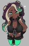  bare_shoulders breasts cephalopod_eyes cleavage crop_top dark_skin fingerless_gloves gloves green_eyes green_legwear headphones heart iida_(splatoon) large_breasts licking_lips looking_at_viewer midriff mole mole_under_mouth mzh navel_piercing pantyhose pantyhose_under_shorts piercing pink_pupils purple_hair shorts solo splatoon_(series) splatoon_2 symbol-shaped_pupils tentacle_hair tongue tongue_out zipper zipper_pull_tab 