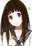  backpack bag bangs black_hair black_sailor_collar blouse blush caidychen chitanda_eru closed_mouth commentary eyebrows_visible_through_hair grey_neckwear head_tilt holding_strap hyouka long_hair looking_at_viewer neckerchief purple_eyes sailor_collar school_uniform serafuku short_sleeves simple_background smile upper_body white_background white_blouse 