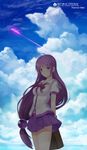  2017 absurdres ahoge akitaka_akita arms_behind_back cloud cloudy_sky collarbone cowboy_shot dated day floating_hair hair_ornament highres iriya_kana iriya_no_sora_ufo_no_natsu long_hair low-tied_long_hair miniskirt pleated_skirt purple_eyes purple_hair purple_skirt school_uniform shirt short_sleeves skirt sky solo standing very_long_hair white_shirt 