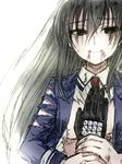  1girl amou_kirukiru black_eyes black_gloves black_hair blood busou_shoujo_machiavellism gloves hair_between_eyes long_sleeves looking_at_viewer necktie nomura_fudou out_of_frame pov pov_hands red_neckwear school_uniform smile torn_clothes yuuki_sudachi 