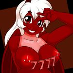  2015 absurd_res anthro anthrofied areola breasts chilly_pepper clothing digital_media_(artwork) dragon equine eyeshadow fan_character fangs female hair hi_res horn hybrid kloudmutt looking_at_viewer makeup mammal membranous_wings my_little_pony nipple_chain nipple_piercing nipples piercing portrait red_eyes scalie smile solo unicorn v_sign white_hair wings 