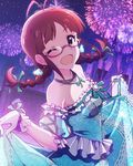  akizuki_ritsuko antenna_hair artist_request bare_shoulders bow braid breasts brown_eyes brown_hair castle collarbone dress earrings fireworks frills glasses gloves hair_ribbon idolmaster idolmaster_(classic) idolmaster_million_live! idolmaster_million_live!_theater_days jewelry lace long_hair looking_at_viewer medium_breasts necklace night night_sky off_shoulder official_art one_eye_closed open_mouth outdoors ribbon skirt_hold sky smile solo twin_braids 